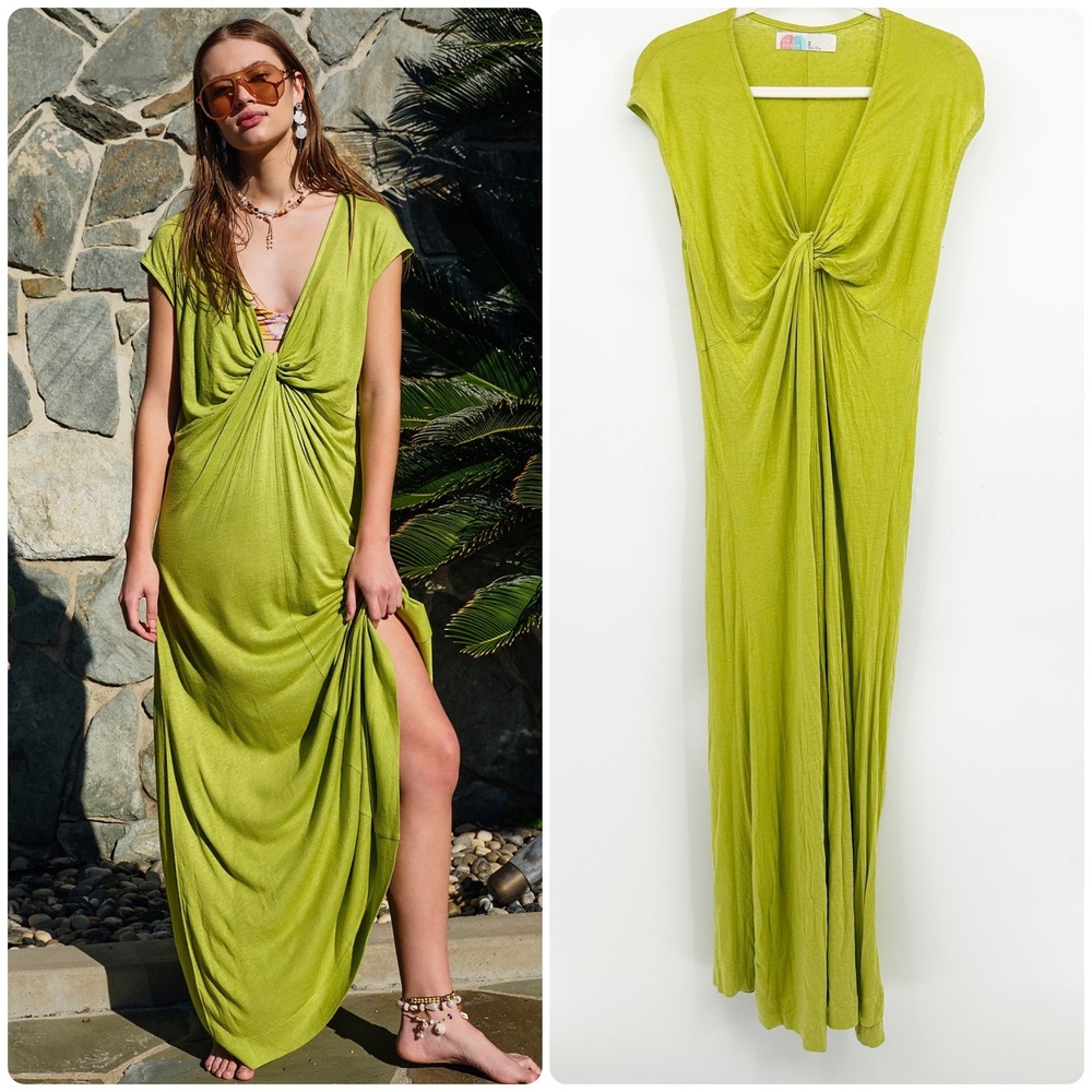 Free People FP Beach Linen Blend Marina Lime Green‎ Twist Front Maxi Dress XS